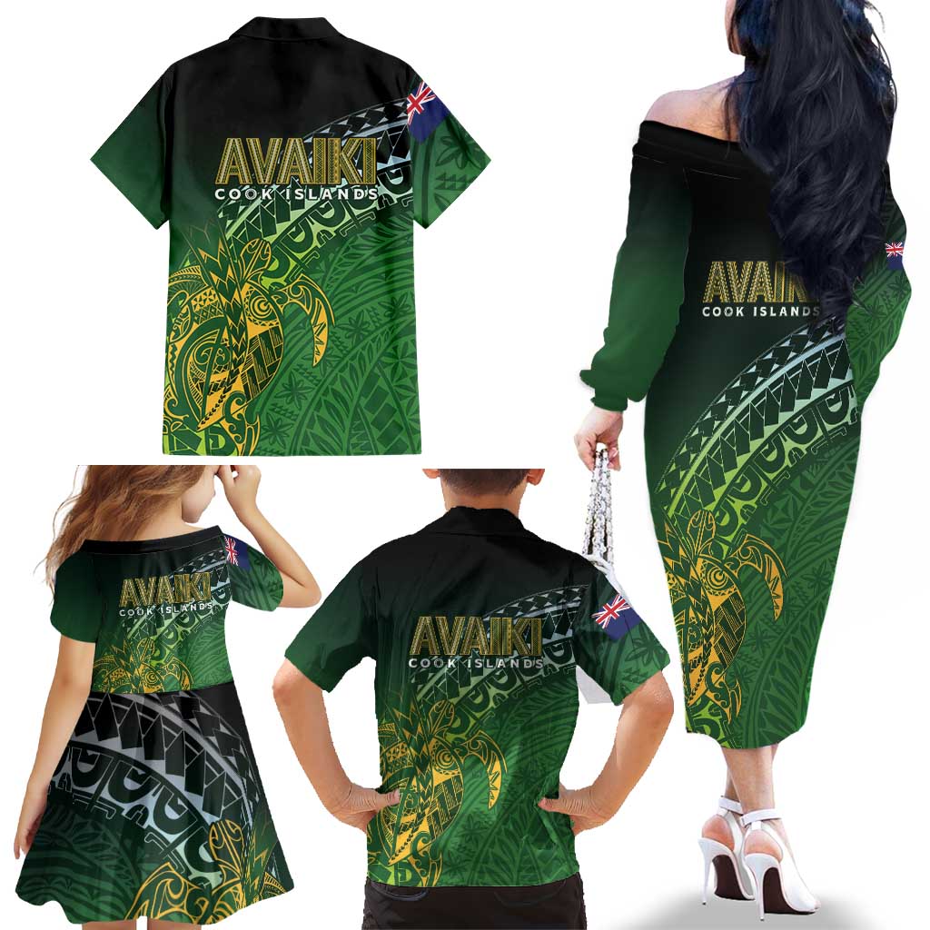Cook Islands Rugby Kuki Avaiki Family Matching Off The Shoulder Long Sleeve Dress and Hawaiian Shirt Tribal Turtle - Aussie Hoodie