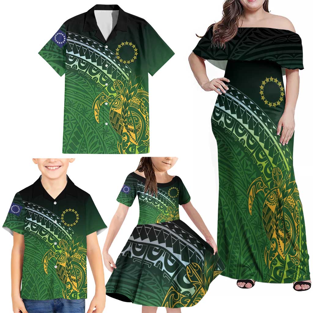 Cook Islands Rugby Kuki Avaiki Family Matching Off Shoulder Maxi Dress and Hawaiian Shirt Tribal Turtle - Aussie Hoodie