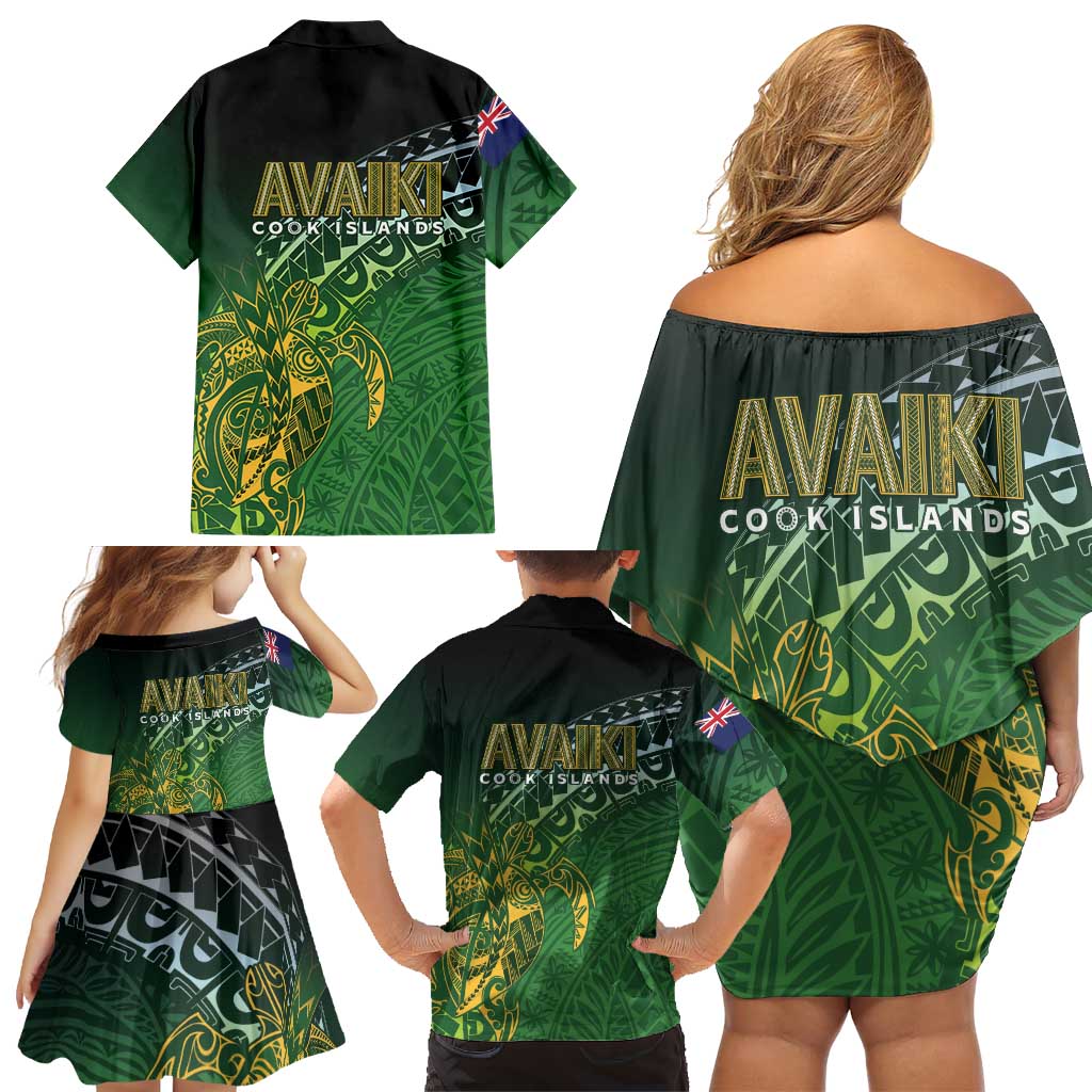 Cook Islands Rugby Kuki Avaiki Family Matching Off Shoulder Short Dress and Hawaiian Shirt Tribal Turtle - Aussie Hoodie