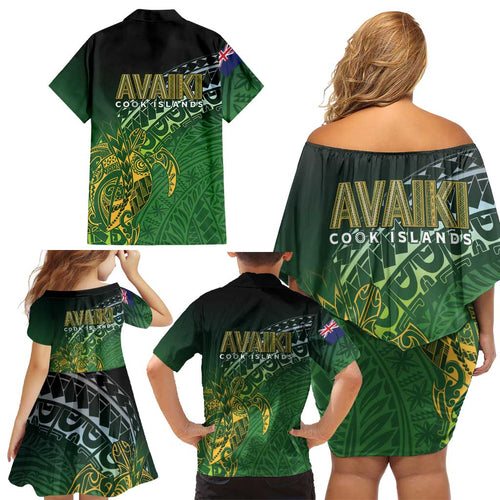 Cook Islands Rugby Kuki Avaiki Family Matching Off Shoulder Short Dress and Hawaiian Shirt Tribal Turtle - Aussie Hoodie