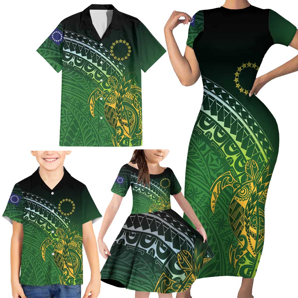 Cook Islands Rugby Kuki Avaiki Family Matching Short Sleeve Bodycon Dress and Hawaiian Shirt Tribal Turtle - Aussie Hoodie