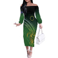 Cook Islands Rugby Kuki Avaiki Off The Shoulder Long Sleeve Dress Tribal Turtle - Aussie Hoodie