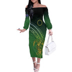 Cook Islands Rugby Kuki Avaiki Off The Shoulder Long Sleeve Dress Tribal Turtle - Aussie Hoodie