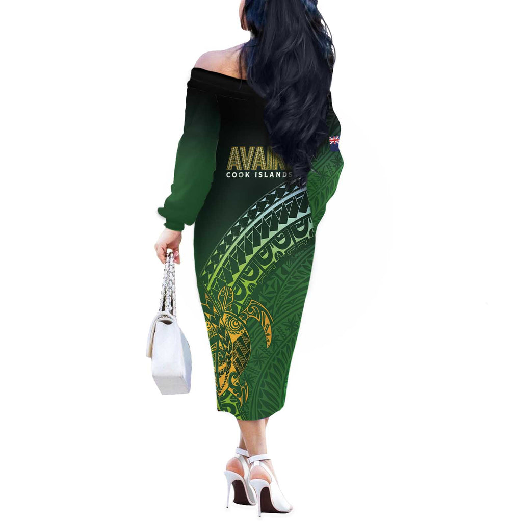 Cook Islands Rugby Kuki Avaiki Off The Shoulder Long Sleeve Dress Tribal Turtle - Aussie Hoodie