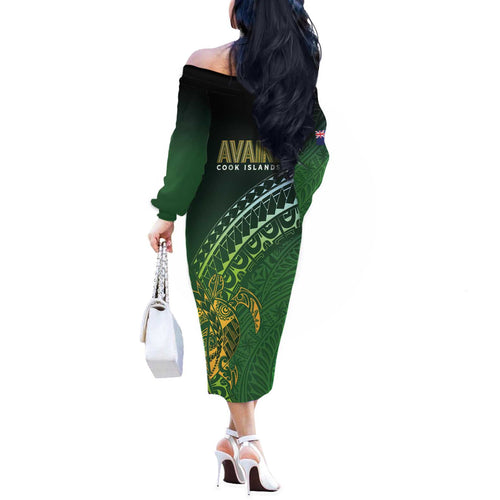 Cook Islands Rugby Kuki Avaiki Off The Shoulder Long Sleeve Dress Tribal Turtle - Aussie Hoodie