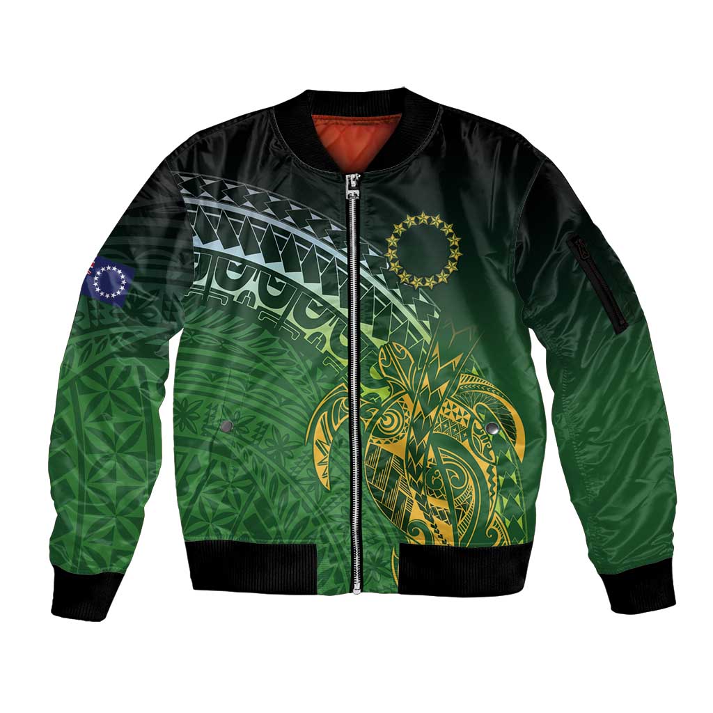 Cook Islands Rugby Kuki Avaiki Sleeve Zip Bomber Jacket Tribal Turtle - Aussie Hoodie