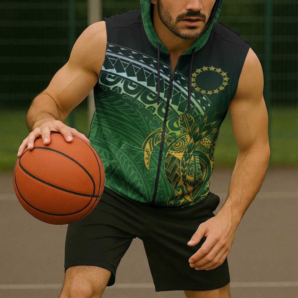 Cook Islands Rugby Kuki Avaiki Sleeveless Zip Hoodie Tribal Turtle - Aussie Hoodie