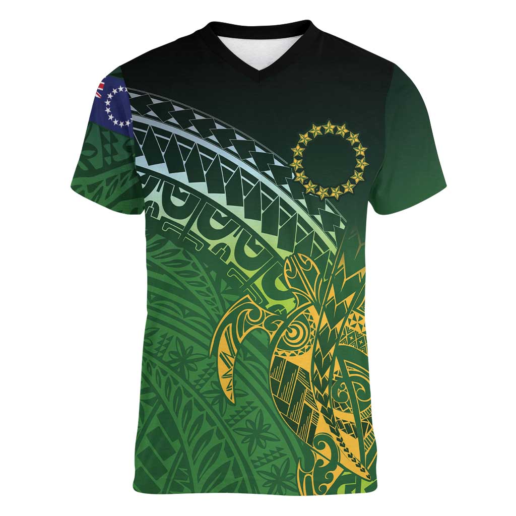 Cook Islands Rugby Kuki Avaiki Women V-Neck T-Shirt Tribal Turtle - Aussie Hoodie