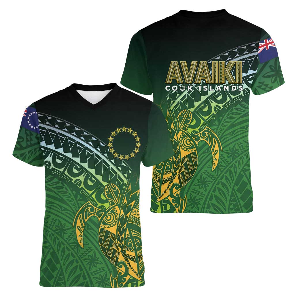 Cook Islands Rugby Kuki Avaiki Women V-Neck T-Shirt Tribal Turtle - Aussie Hoodie