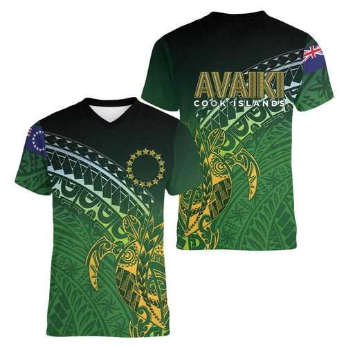 Cook Islands Rugby Kuki Avaiki Women V-Neck T-Shirt Tribal Turtle - Aussie Hoodie