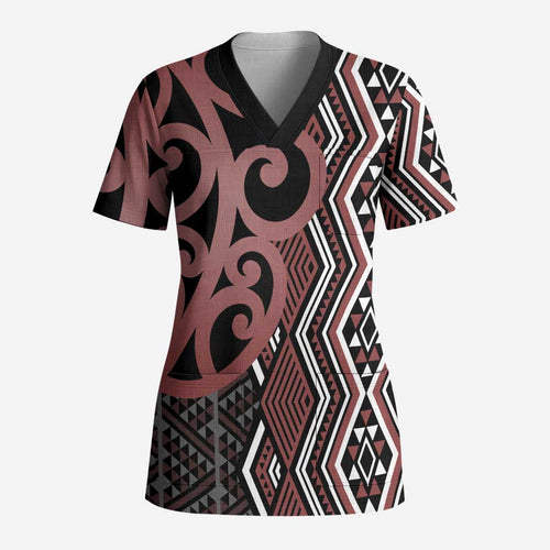 Maori Taniko Patterns Scrub Top Brown Patiki Motifs Mix Whakairo Ngaru - Aussie Hoodie