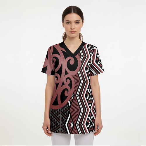 Maori Taniko Patterns Scrub Top Brown Patiki Motifs Mix Whakairo Ngaru - Aussie Hoodie