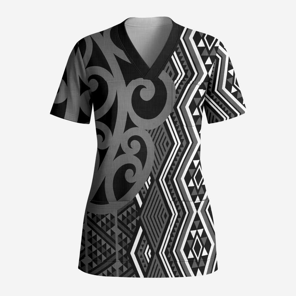 Maori Taniko Patterns Scrub Top Black Patiki Motifs Mix Whakairo Ngaru - Aussie Hoodie
