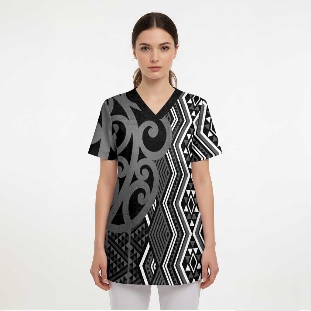 Maori Taniko Patterns Scrub Top Black Patiki Motifs Mix Whakairo Ngaru - Aussie Hoodie