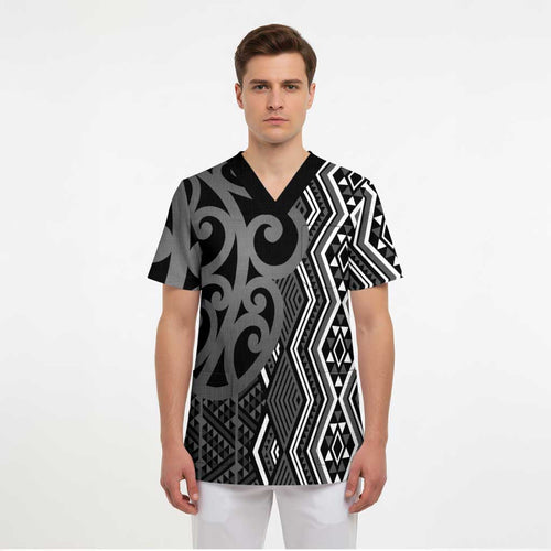Maori Taniko Patterns Scrub Top Black Patiki Motifs Mix Whakairo Ngaru - Aussie Hoodie