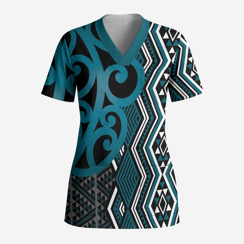 Maori Taniko Patterns Scrub Top Azure Patiki Motifs Mix Whakairo Ngaru - Aussie Hoodie