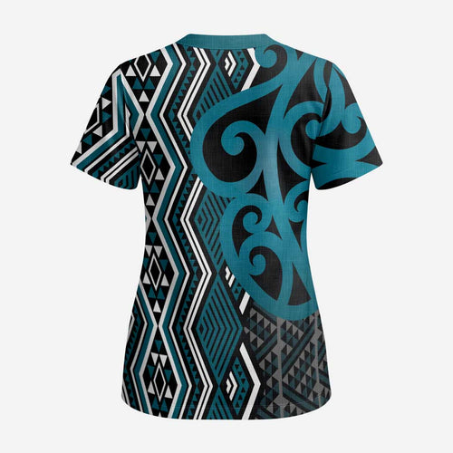 Maori Taniko Patterns Scrub Top Azure Patiki Motifs Mix Whakairo Ngaru - Aussie Hoodie