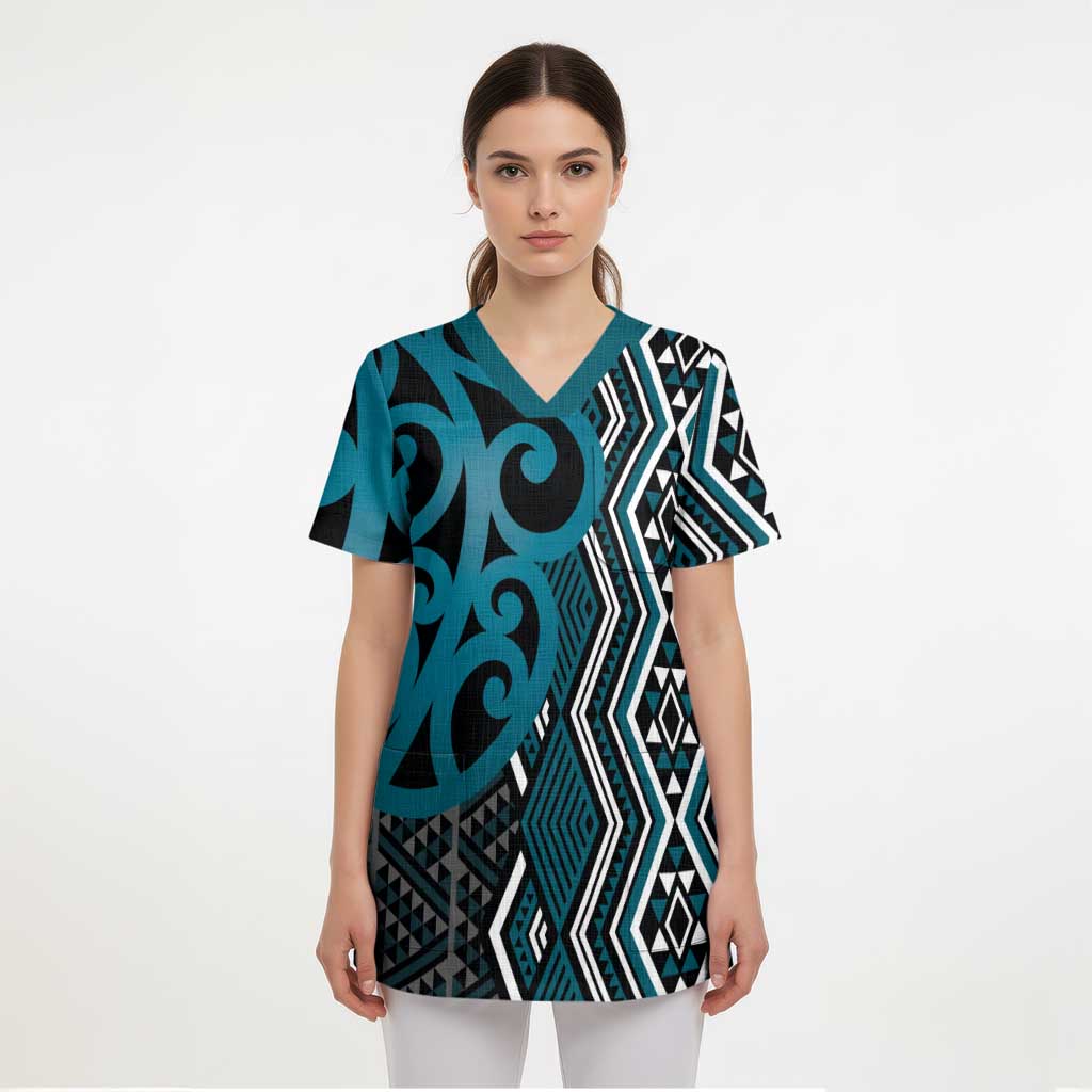 Maori Taniko Patterns Scrub Top Azure Patiki Motifs Mix Whakairo Ngaru - Aussie Hoodie