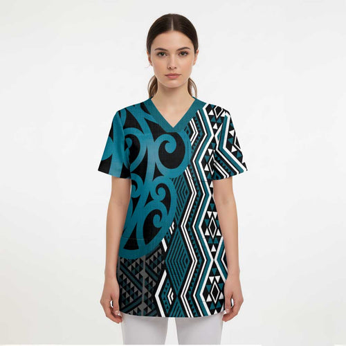 Maori Taniko Patterns Scrub Top Azure Patiki Motifs Mix Whakairo Ngaru - Aussie Hoodie