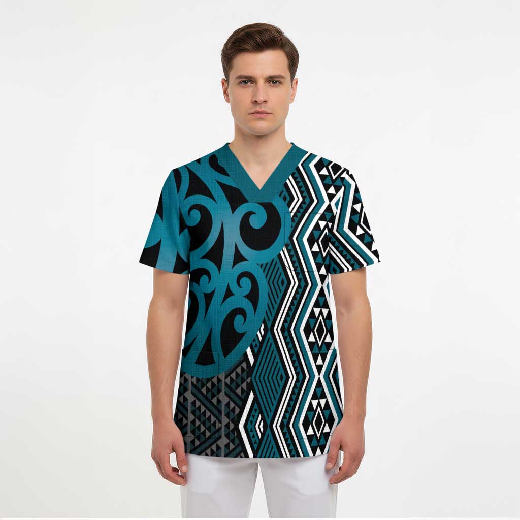 Maori Taniko Patterns Scrub Top Azure Patiki Motifs Mix Whakairo Ngaru - Aussie Hoodie