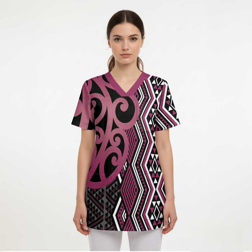 Maori Taniko Patterns Scrub Top Pink Patiki Motifs Mix Whakairo Ngaru - Aussie Hoodie