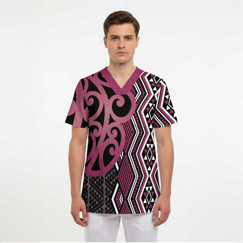 Maori Taniko Patterns Scrub Top Pink Patiki Motifs Mix Whakairo Ngaru - Aussie Hoodie