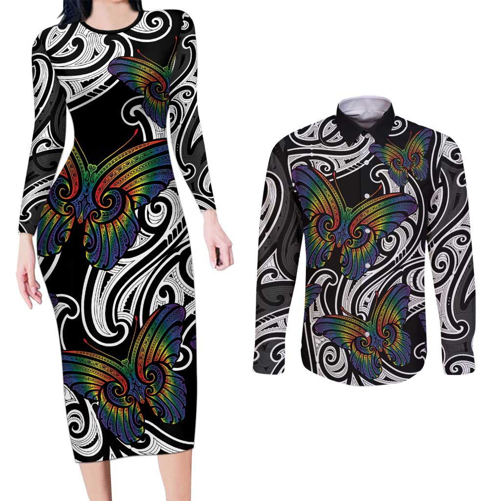 Aotearoa Takatapui Pride Couples Matching Long Sleeve Bodycon Dress and Long Sleeve Button Shirt Rainbow Butterfly - Free To Love