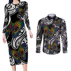 Aotearoa Takatapui Pride Couples Matching Long Sleeve Bodycon Dress and Long Sleeve Button Shirt Rainbow Butterfly - Free To Love