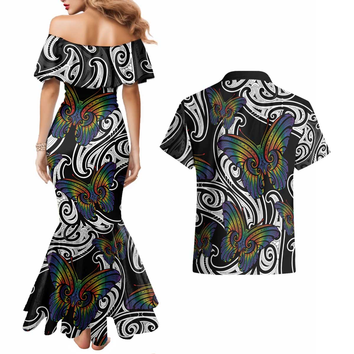 Aotearoa Takatapui Pride Couples Matching Mermaid Dress and Hawaiian Shirt Rainbow Butterfly - Free To Love
