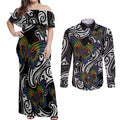 Aotearoa Takatapui Pride Couples Matching Off Shoulder Maxi Dress and Long Sleeve Button Shirt Rainbow Butterfly - Free To Love