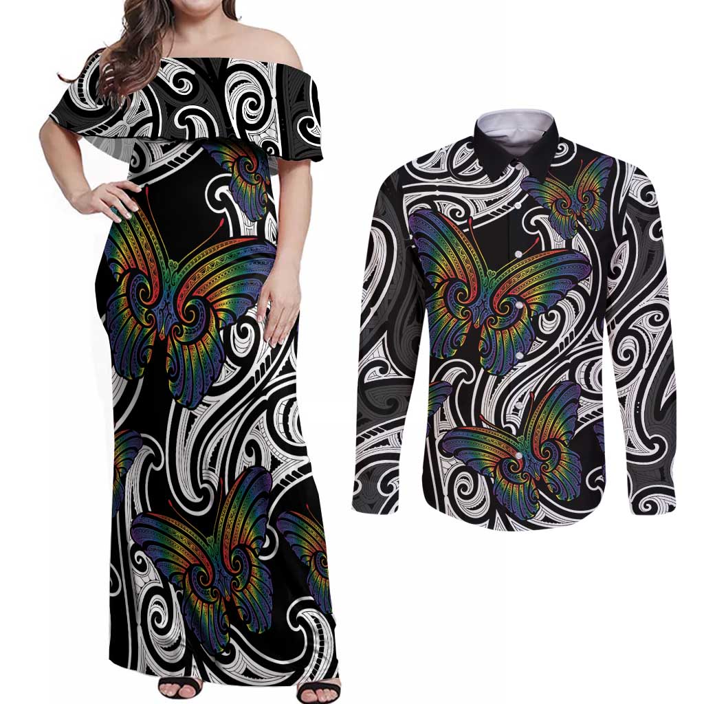 Aotearoa Takatapui Pride Couples Matching Off Shoulder Maxi Dress and Long Sleeve Button Shirt Rainbow Butterfly - Free To Love