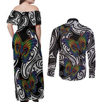 Aotearoa Takatapui Pride Couples Matching Off Shoulder Maxi Dress and Long Sleeve Button Shirt Rainbow Butterfly - Free To Love