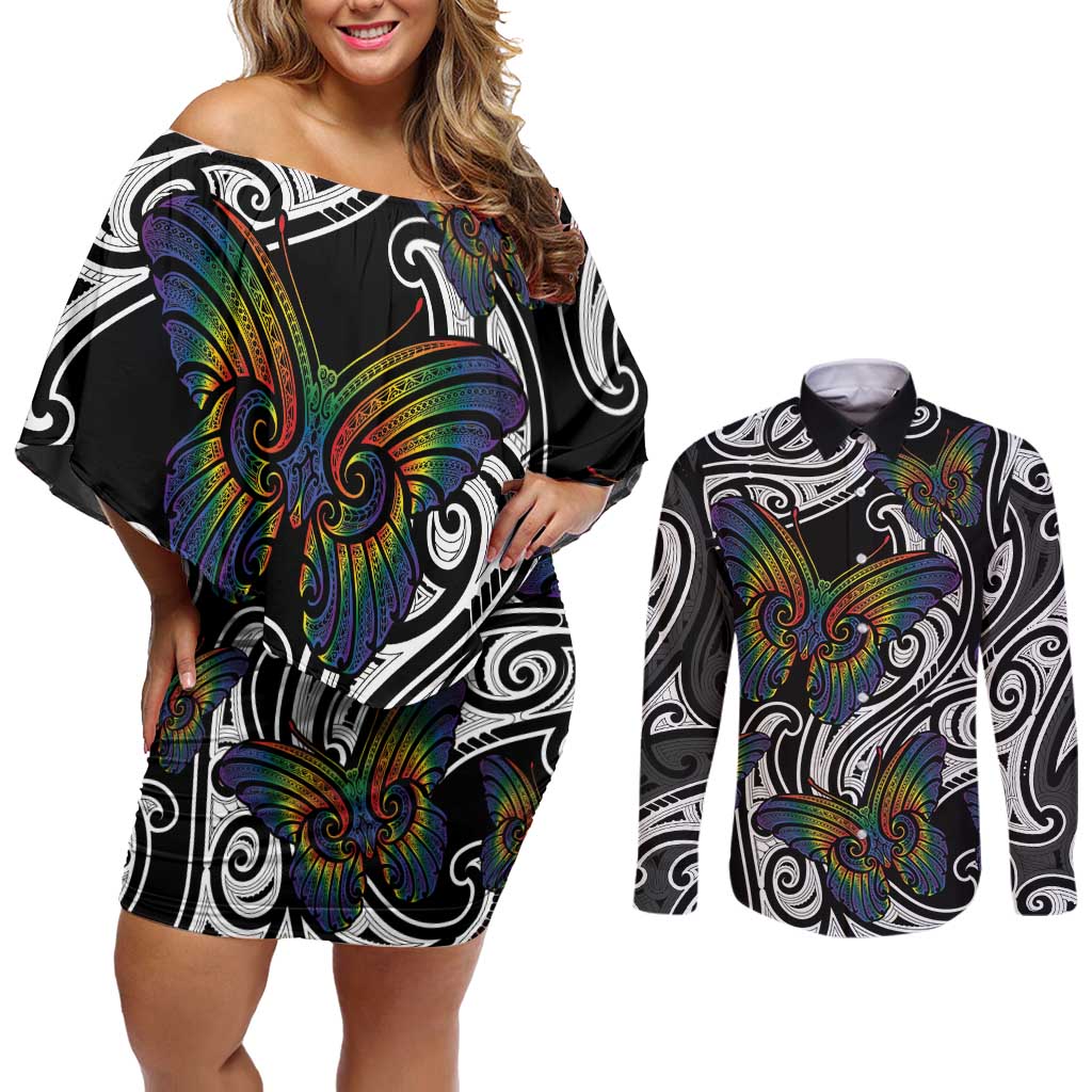 Aotearoa Takatapui Pride Couples Matching Off Shoulder Short Dress and Long Sleeve Button Shirt Rainbow Butterfly - Free To Love