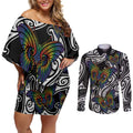 Aotearoa Takatapui Pride Couples Matching Off Shoulder Short Dress and Long Sleeve Button Shirt Rainbow Butterfly - Free To Love