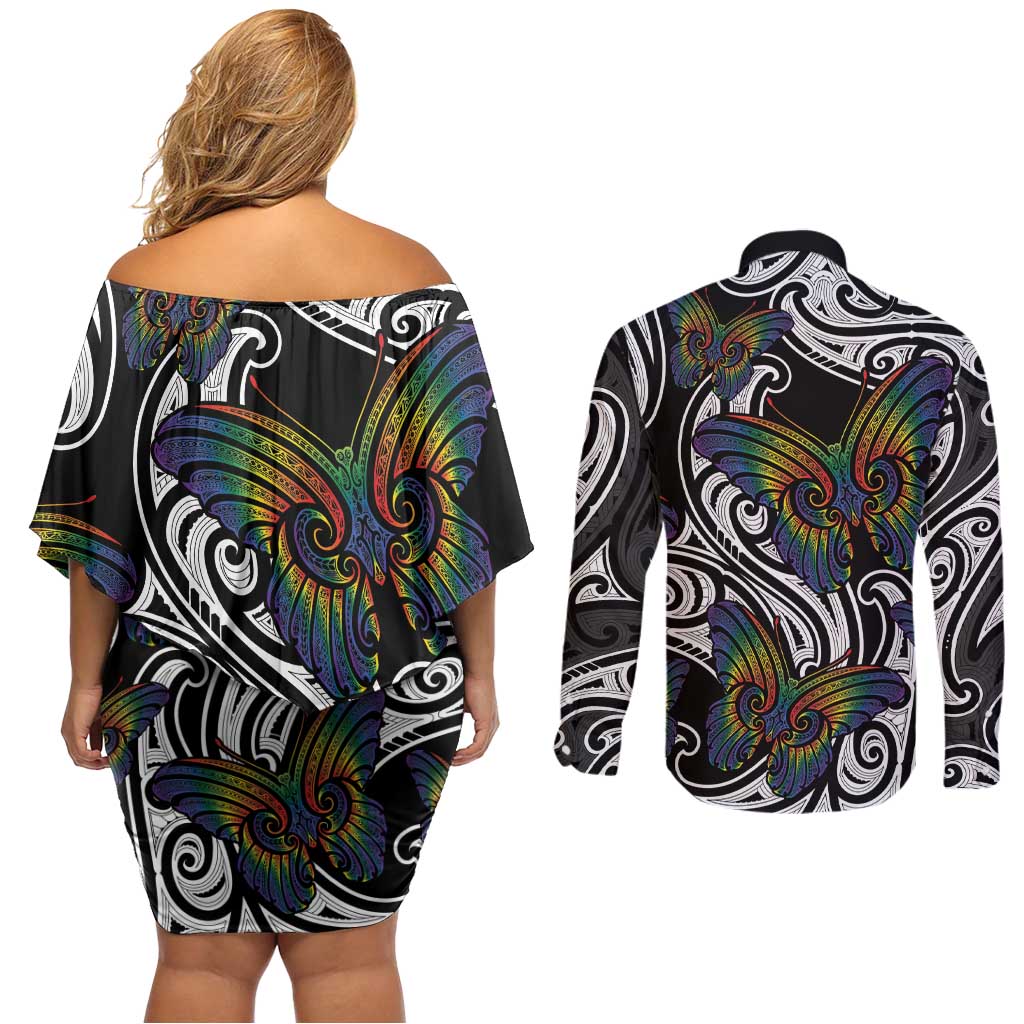 Aotearoa Takatapui Pride Couples Matching Off Shoulder Short Dress and Long Sleeve Button Shirt Rainbow Butterfly - Free To Love