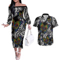 Aotearoa Takatapui Pride Couples Matching Off The Shoulder Long Sleeve Dress and Hawaiian Shirt Rainbow Butterfly - Free To Love
