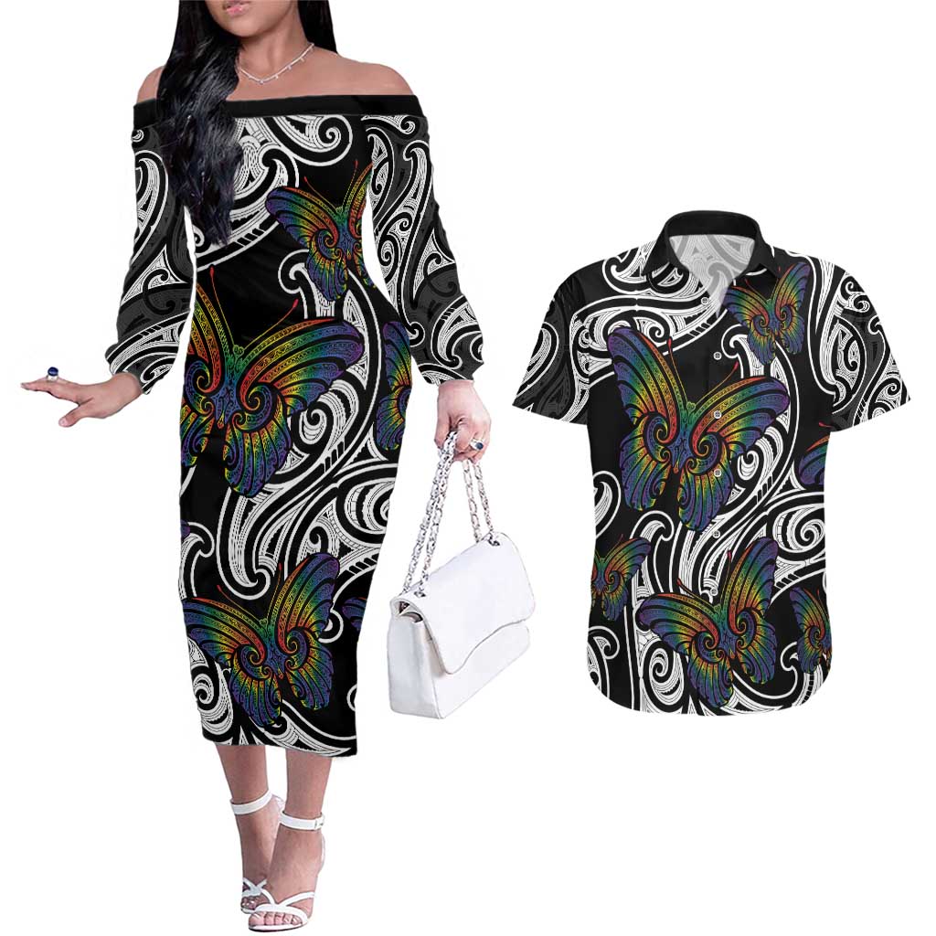 Aotearoa Takatapui Pride Couples Matching Off The Shoulder Long Sleeve Dress and Hawaiian Shirt Rainbow Butterfly - Free To Love