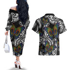 Aotearoa Takatapui Pride Couples Matching Off The Shoulder Long Sleeve Dress and Hawaiian Shirt Rainbow Butterfly - Free To Love