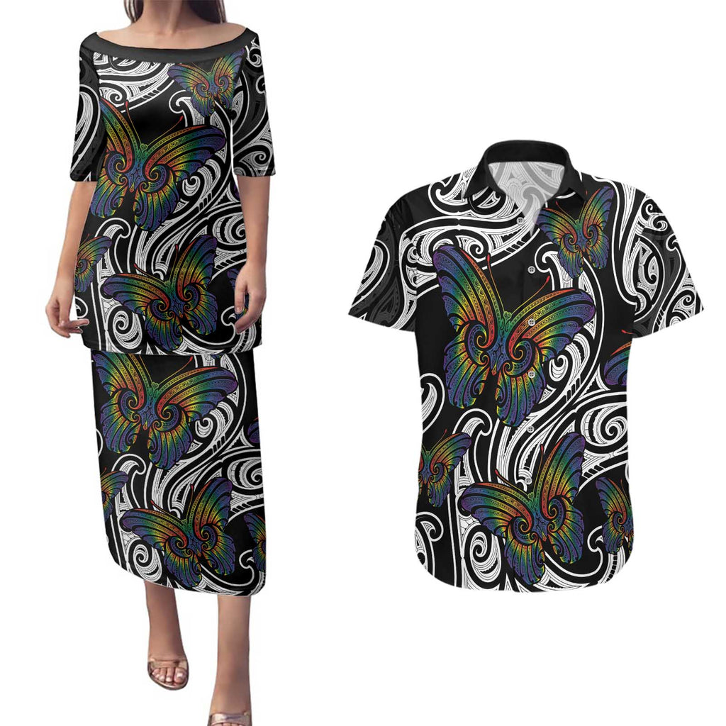 Aotearoa Takatapui Pride Couples Matching Puletasi and Hawaiian Shirt Rainbow Butterfly - Free To Love