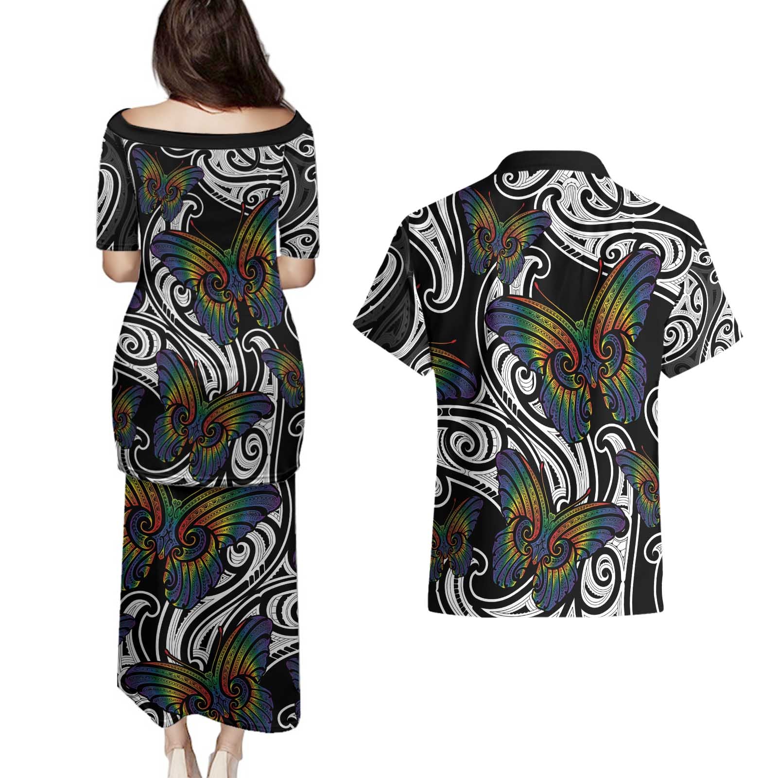 Aotearoa Takatapui Pride Couples Matching Puletasi and Hawaiian Shirt Rainbow Butterfly - Free To Love