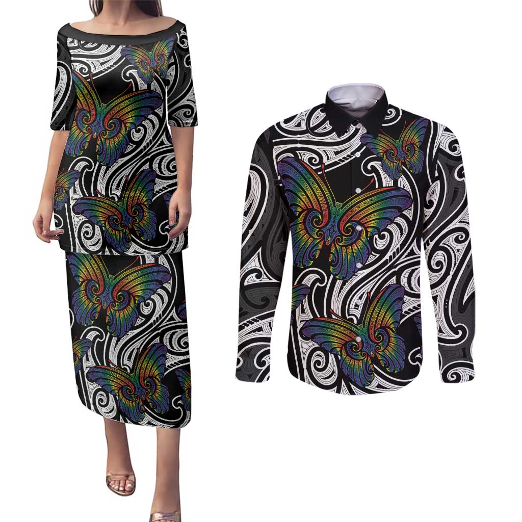 Aotearoa Takatapui Pride Couples Matching Puletasi and Long Sleeve Button Shirt Rainbow Butterfly - Free To Love