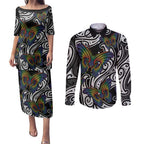 Aotearoa Takatapui Pride Couples Matching Puletasi and Long Sleeve Button Shirt Rainbow Butterfly - Free To Love