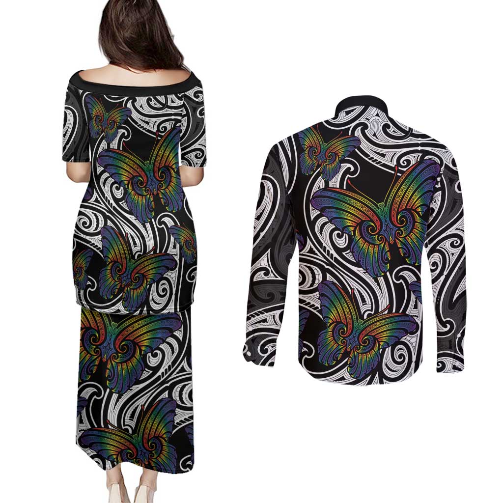 Aotearoa Takatapui Pride Couples Matching Puletasi and Long Sleeve Button Shirt Rainbow Butterfly - Free To Love