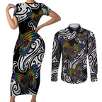 Aotearoa Takatapui Pride Couples Matching Short Sleeve Bodycon Dress and Long Sleeve Button Shirt Rainbow Butterfly - Free To Love