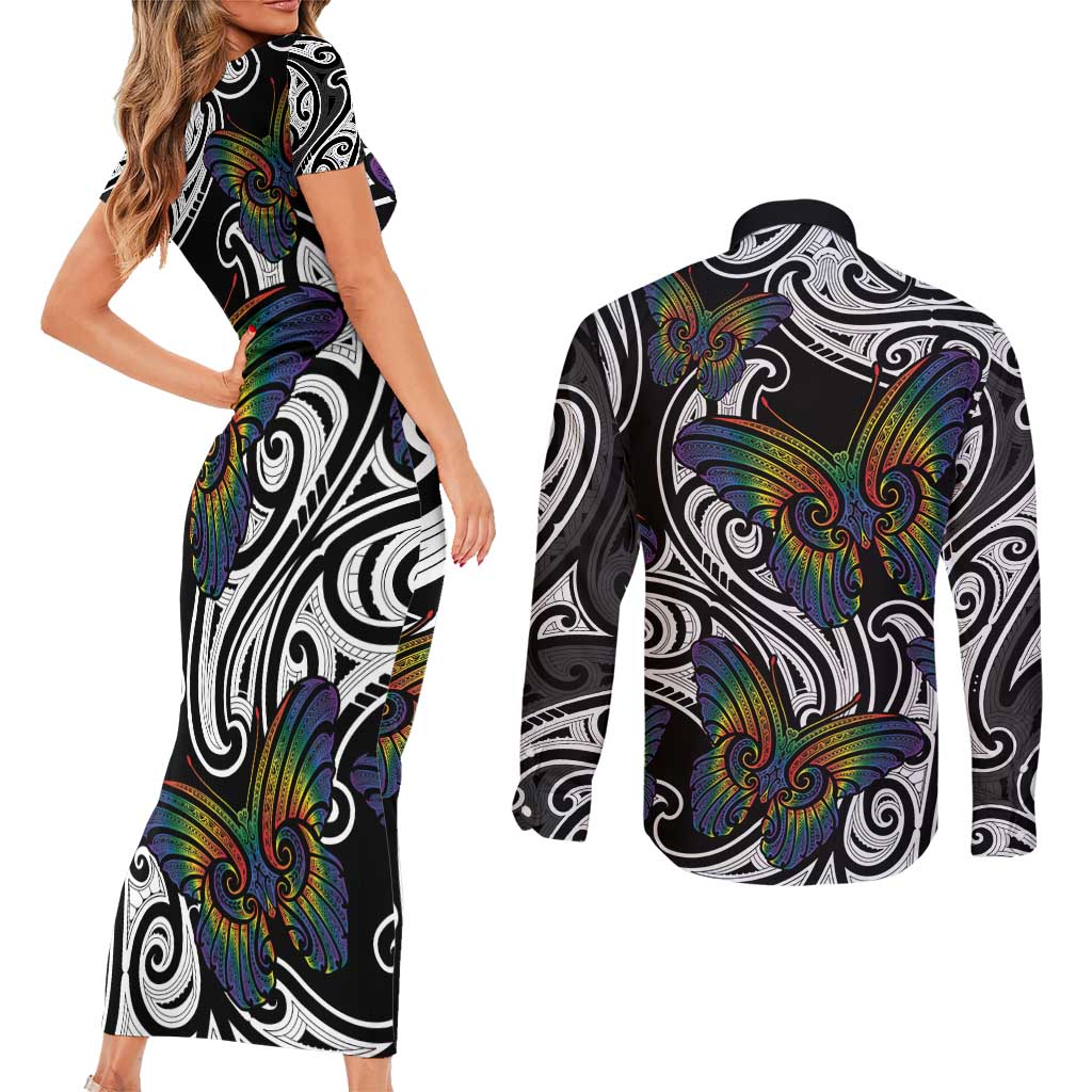 Aotearoa Takatapui Pride Couples Matching Short Sleeve Bodycon Dress and Long Sleeve Button Shirt Rainbow Butterfly - Free To Love