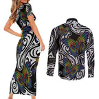Aotearoa Takatapui Pride Couples Matching Short Sleeve Bodycon Dress and Long Sleeve Button Shirt Rainbow Butterfly - Free To Love
