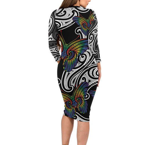 Aotearoa Takatapui Pride Family Matching Long Sleeve Bodycon Dress and Hawaiian Shirt Rainbow Butterfly - Free To Love