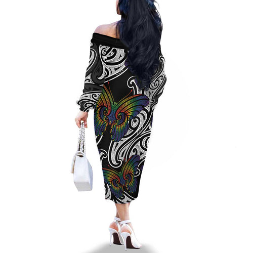 Aotearoa Takatapui Pride Family Matching Off The Shoulder Long Sleeve Dress and Hawaiian Shirt Rainbow Butterfly - Free To Love