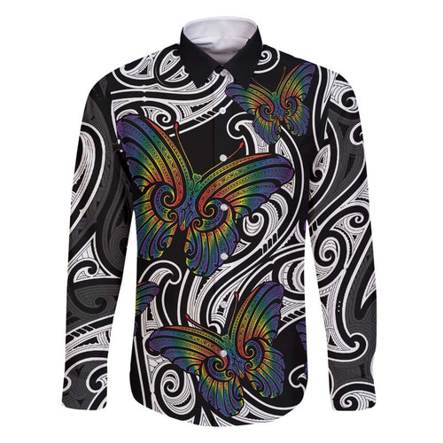 Aotearoa Takatapui Pride Family Matching Off Shoulder Maxi Dress and Hawaiian Shirt Rainbow Butterfly - Free To Love