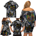 Aotearoa Takatapui Pride Family Matching Off Shoulder Short Dress and Hawaiian Shirt Rainbow Butterfly - Free To Love